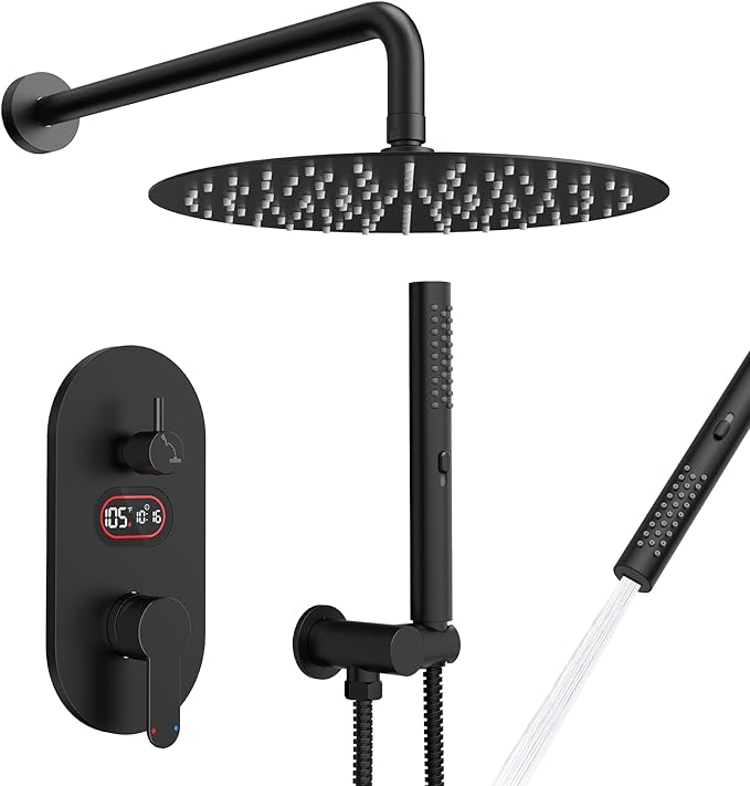 Round Shower Faucet Set with Hydro Power Temperature Display, Shower System Bathroom 12 Inch Shower Head with Handheld Spray, Wall Mounted Shower Fixtures with Shower Valve and Trim Kit, Matte Black