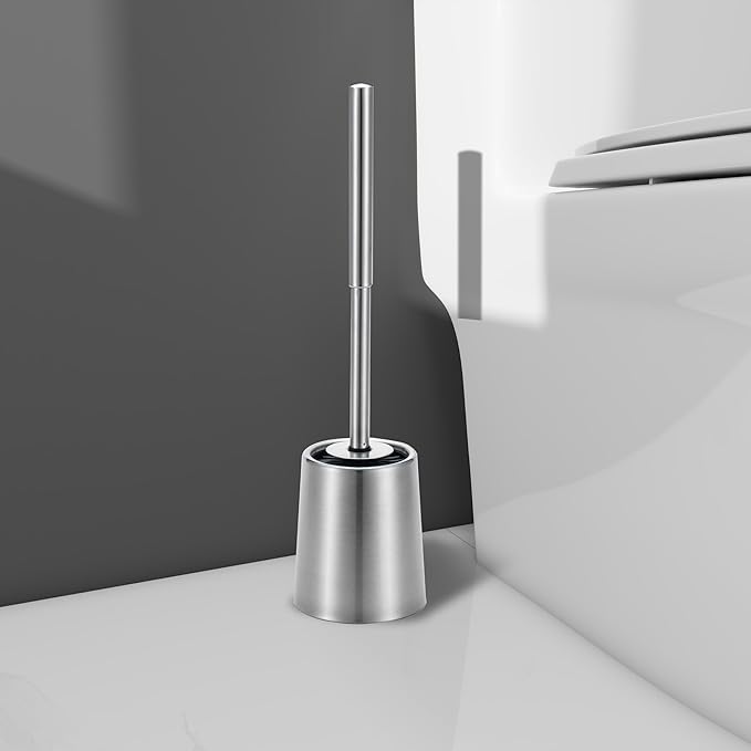 SUS304 Stainless Steel Toilet Brush and Holder Silicone Bathroom Brush TPE Brush Head Toilet Cleaner for Bowl Bathroom Cleaning Brush Caddy Cepillo de Baño Brushed Silver