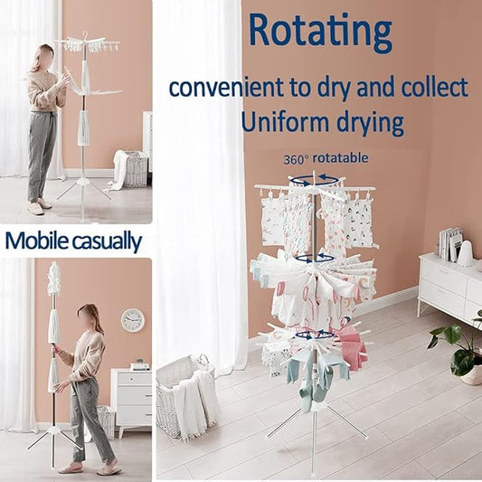 3-Tier Foldable Clothes Drying Rack, 66.93" Laundry Rack with 24 Sock Clips & Rotating Rail, Space-Saving for Balcony (White)