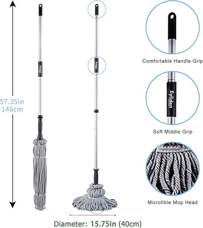 Eyliden Mop with 2 Reusable Microfiber Heads, Easy Wringing Twist Mop, 57.5 inch Long Handle, Wet Mops for Floor Cleaning, Commercial Household Clean Hardwood, Vinyl, Tile and More (Grey)