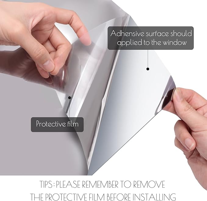 HIDBEA One Way Privacy Window Film, Daytime Mirror Reflective Heat Control UV Sun Blocking Non-Adhesive Static Cling Window Tint for Home and Office(Black-Silver, 41.3 Inch x 13.1 Feet)