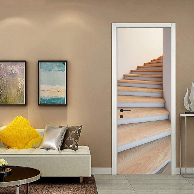 3D Door Stickers Murals - Stairs Peel and Stick Waterproof & Washable Matt Finish Geometric Pattern Adults 37.4" x 78.7"
