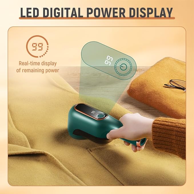 2025 New Electric Lint Remover - Rechargeable With Digital Power Display, 2nd Gear Adjustment, 6-Leaf Blades - Fabric Shaver for Clothes and Sweaters (Green)