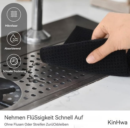 KinHwa Microfiber 6 Pack Dish Cloths Thick Waffle Weave Kitchen Dish Drying Towel Rags Super Absorbent Kitchen Tea Towels Sets 12inch x 12inch Black
