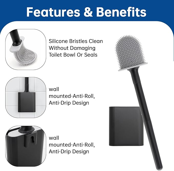 RV Essentials, RV Toilet Brush, Toilet Brush Silicone Won't Damage Toilets, Wall Mounted Toilet Brush Black-Anti-Roll, Anti-Drip Design, Suitable for RV Travel Trailers and Campers