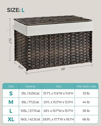SONGMICS Storage Basket with Lid, Woven Blanket Storage Bin with Handles, Foldable, Removable Liner, Metal Frame, for Bedroom, Laundry Room, 27.7 Gallons (105 L), Brown URST066K01