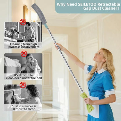 67 in Dusters for Cleaning with Extension Pole, Retractable Gap Dust Cleaner with 4PCS Microfiber Cloths, Baseboard Cleaner Tool with Handle for Blinds, Under Appliances Furniture Fridge