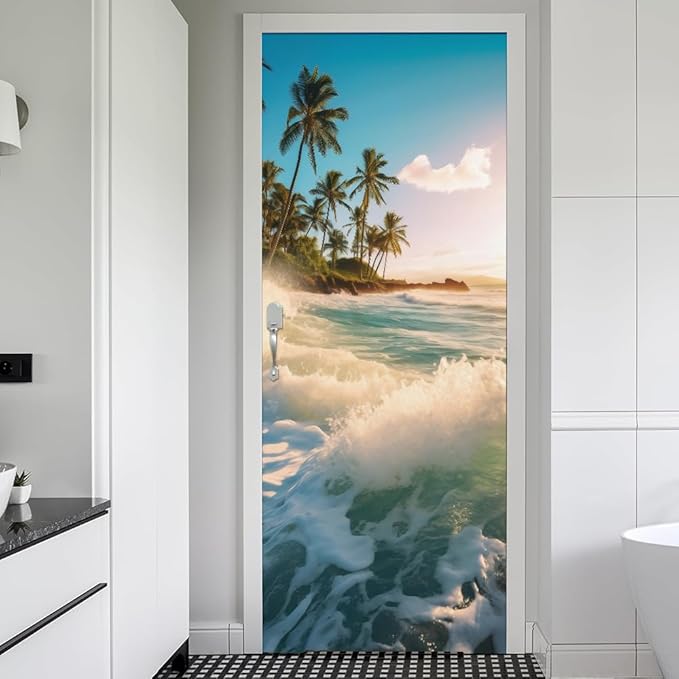 REDAMANCY Sea Wave Beach Shore Tree Peel and Stick Door Stickers Vinyl 3D Door Mural Decals Decor Wallpaper Self-Adhesive, Waterproof, Removable
