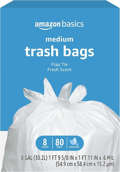 Amazon Basics 8 Gallon Flap Tie Trash Bags, Fresh Scent, 80 Count