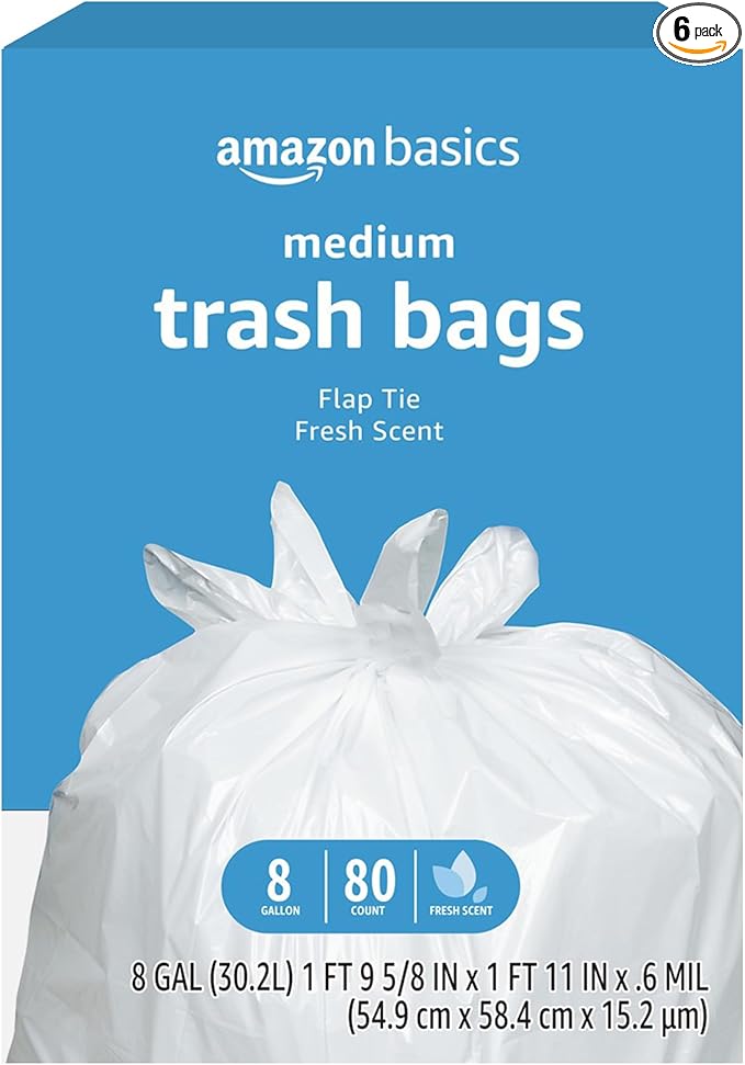 Amazon Basics 8 Gallon Flap Tie Trash Bags,Fresh Scent,80 Count (Pack of 6)