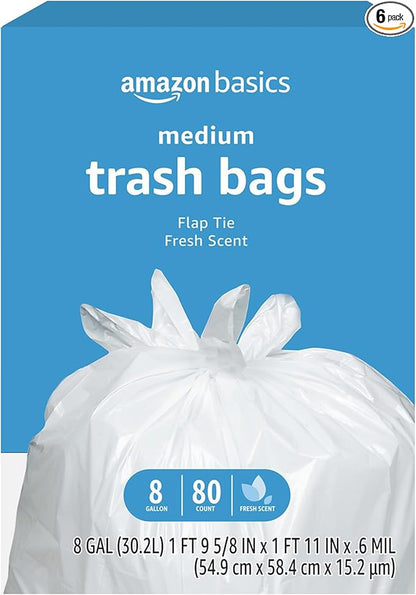Amazon Basics 8 Gallon Flap Tie Trash Bags,Fresh Scent,80 Count (Pack of 6)