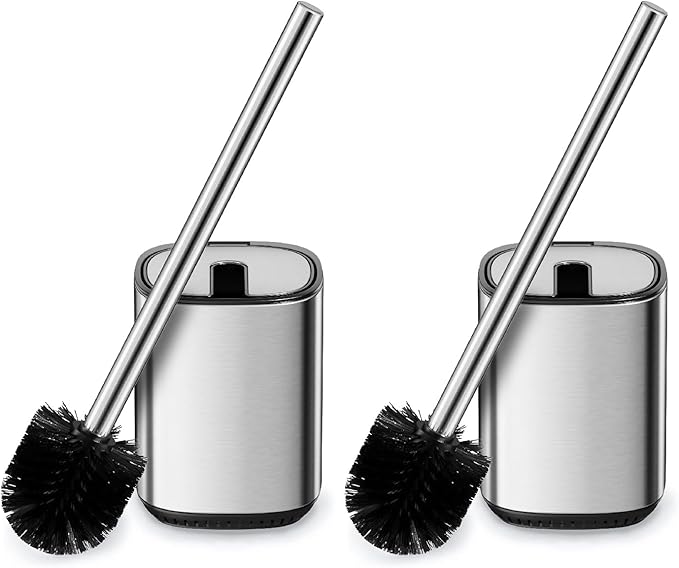 Toilet Brush and Holder Set Durable Toilet Scrubber Sleek Toilet Bowl Brush Stainless Steel Bathroom Toilet Brush Set with Lid Toilet Cleaning Brush 2 Pack((2, Stainless Steel)