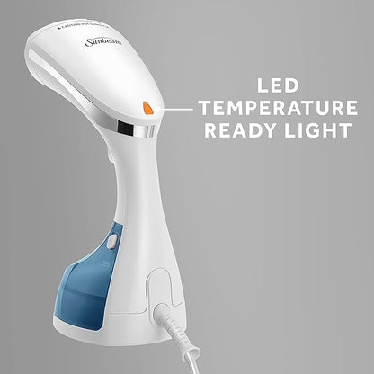 Sunbeam 1200W Power Steam Handheld Steamer for Clothes, Extra Burst of Steam Feature, 30-Second Fast Heat-Up, Bristle Brush Attachment, White and Blue Finish