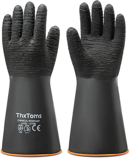 ThxToms Heavy Duty Rubber Gloves, Industrial Chemical Resistant Gloves Waterproof Reusable Protective Work Gloves for Cleaning, Dishwashing,Upgraded with Non-Slip Design, Black, 14" 1 Pair