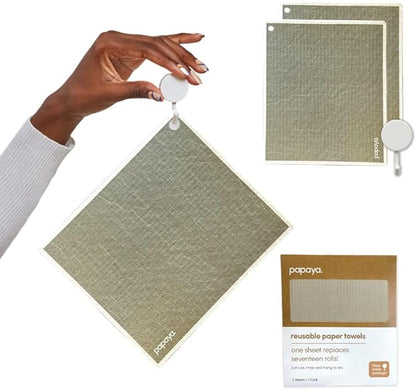 Papaya Reusable Paper Towels, Premium Swedish Dishcloths with Hook, Non-Scratch Reusable Paper Towel, 1 Sheet Replaces 17 Rolls - 2 Sheets, 1 Hook