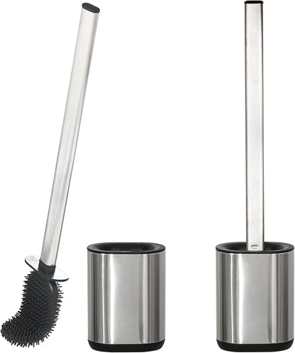 Silicone Toilet Brush Holder Set,TPR Toilet Bowl Brush with Long Stainless Steel Handle and Flexible Bristles,Deep Cleaning & No-Scratch Toilet Scrubber, Sleek Toilet Brush with Weighted Base (2, SS)