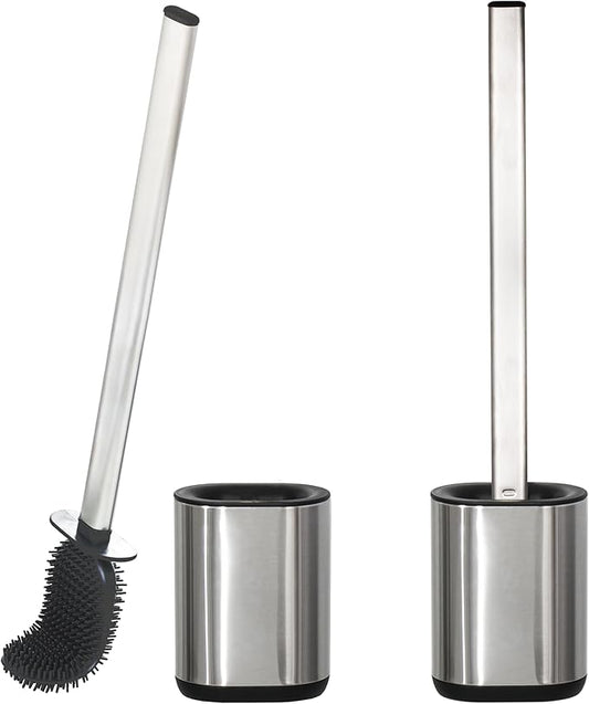 Silicone Toilet Brush Holder Set,TPR Toilet Bowl Brush with Long Stainless Steel Handle and Flexible Bristles,Deep Cleaning & No-Scratch Toilet Scrubber, Sleek Toilet Brush with Weighted Base (2, SS)