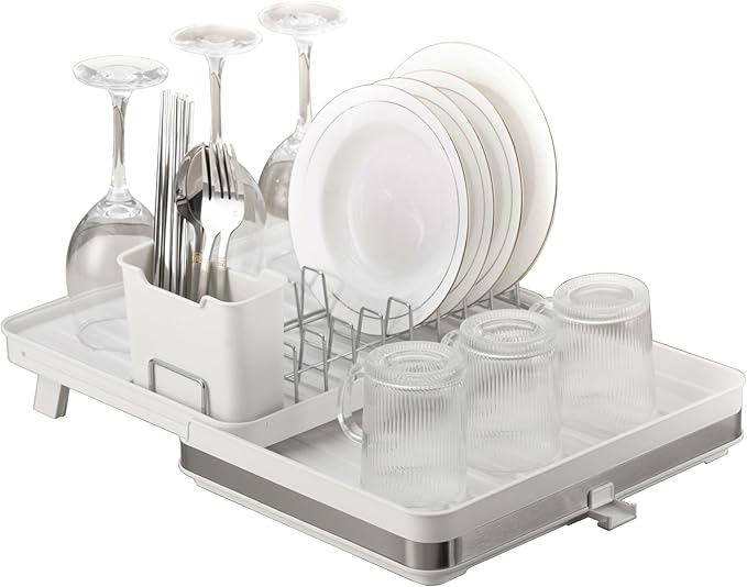Collapsible dish drying rack,stainless steel foldable dish rack with cutlery holder,multifunctional expandable big capacity dish drainer board,Space Saving extendable dish holder