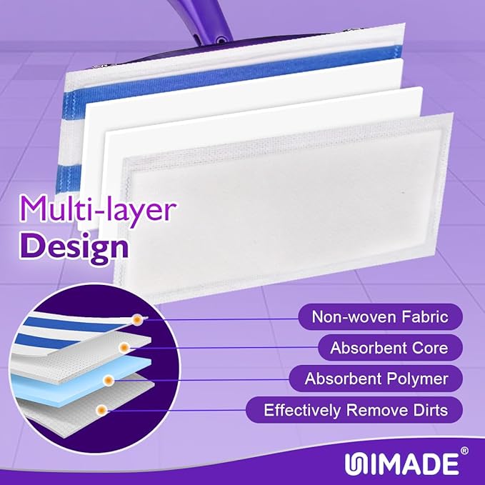 UNIMADE 100 Count Mop Pad Refill Compatible with Swiffer WetJet, Disposable Multi-Layers Mopping Pads for All Hard Surface, Especially Hardwood Floor, Super Absorbent Spray Mopping Pad Refills