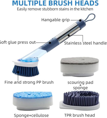 Multifunctional Kitchen Dish Washing Brush Set with Automatic Liquid Filling, Long Handle Scrub Brush with Stand, Blue