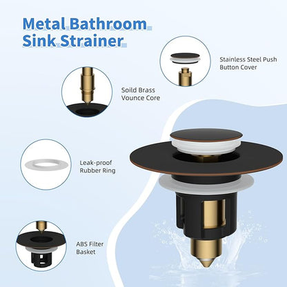 iFealClear 2 Pack Metal Universal Bathroom Sink Stopper, Upgraded Stainless Steel Sink Drain Strainer for 1.1''~2.36" Basin Pop Up Drain Strainer, Anti-Clogging Filter Basket, Oil Rubbed Bronze