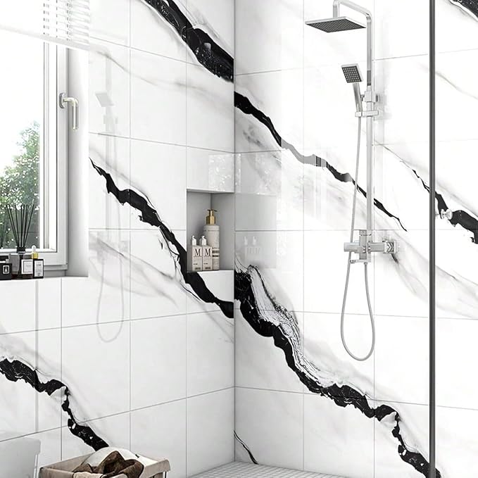Chejiaye 10pcs Marble Peel and Stick Backsplash Waterproof Washroom Wall Panels, Peel and Stick Tile, PVC Foam Wall Panels for Kitchen,Bathroom,living room,White and Black(Not Real Tile,11.8" x 11.8")