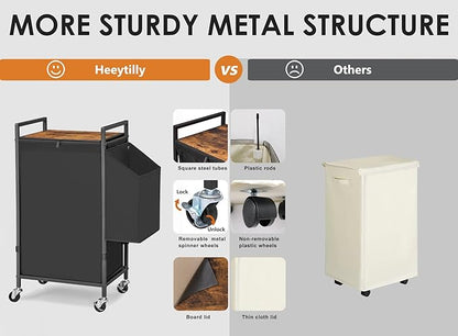Laundry Hamper with Rustic Brown Lid & Wheels; 96L Large Rolling Laundry Basket with Removable Oxford Liner Bag; Tall Freestanding Dirty Clothes Hamper with Side Pocket; Metal Frame Laundry Cart