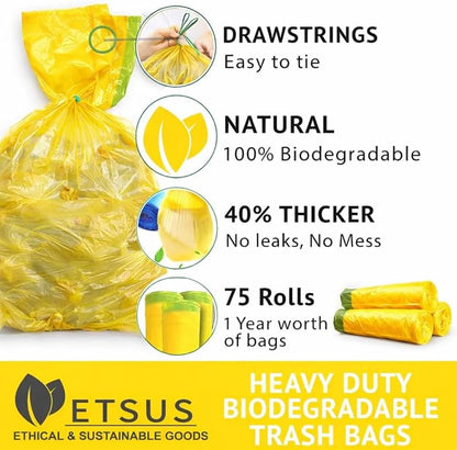 13 Gallon Biodegradable Trash Bags with Drawstrings, 75 Count Plant Based, Code Q Tall Kitchen Compost Bags 50 Liter Bin - Green Garbage Liners - 1.3 mil Thick Heavy Duty and Eco Friendly Trash Bags