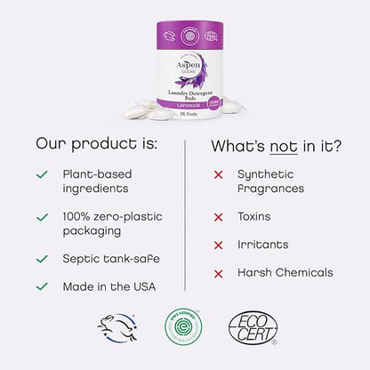 AspenClean | Laundry Pods | Lavender and Lemongrass | Made for Sensitive Skin | Zero Plastic | Non - Toxic | 100% Natural | EWG Verified - 36 Count