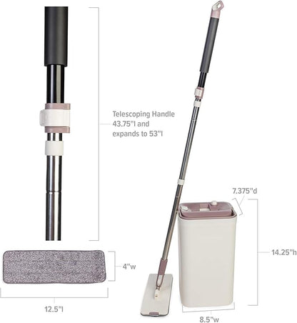 Micro Flat Mop & Bucket System, Hands-Free Wringing Floor Cleaning, 3 Washable & Reusable Microfiber Pads, Wet or Dry Usage on Wood, Marble, Tile, Laminate, Ceramic and Vinyl Floors