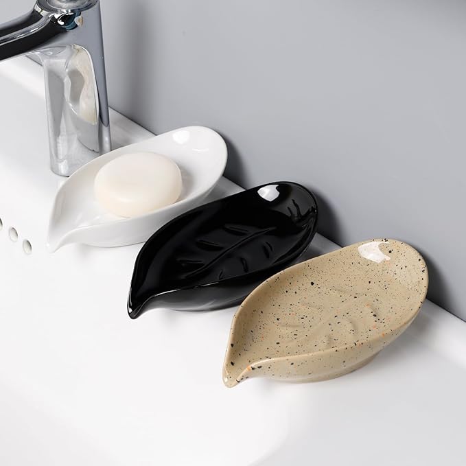 Soap Dish, Self Draining Soap Dishes 2PCS, Leaf Shape Ceramic Bar Soap Holder Drain Soap Dishes for Bathroom Sink Shower Kitchen, Easy to Clean Keeps Soap Dry, ANTIS'S HOME
