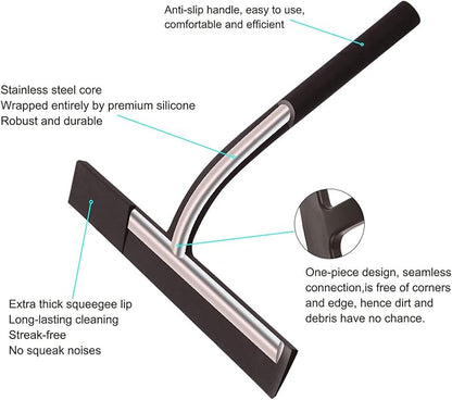 All -Purpose Silicone Shower Squeegee for Shower Glass Door with Hook, Bathroom Accessories for Window Mirror Tile Car Shower Walls,Household Shower Cleaner Tool (Black, 9 inch(1 Hook)