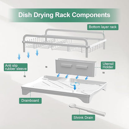 Dish Drying Rack,Dish Racks for Kitchen Counter, Metal Dish Drainer with Adjustable Drainage Spout, Removable Knife and Fork Holder (White)