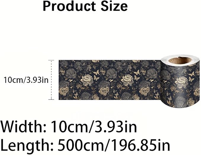 Dark Grey Vintage Floral Wallpaper Border 196x4 Inch Peel and Stick Wall Border Self Adhesive Removable Vinyl Wall Trim Elegant Rose Leaf for Kitchen Bathroom Bedroom Living Room Decor