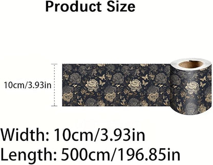 Dark Grey Vintage Floral Wallpaper Border 196x4 Inch Peel and Stick Wall Border Self Adhesive Removable Vinyl Wall Trim Elegant Rose Leaf for Kitchen Bathroom Bedroom Living Room Decor