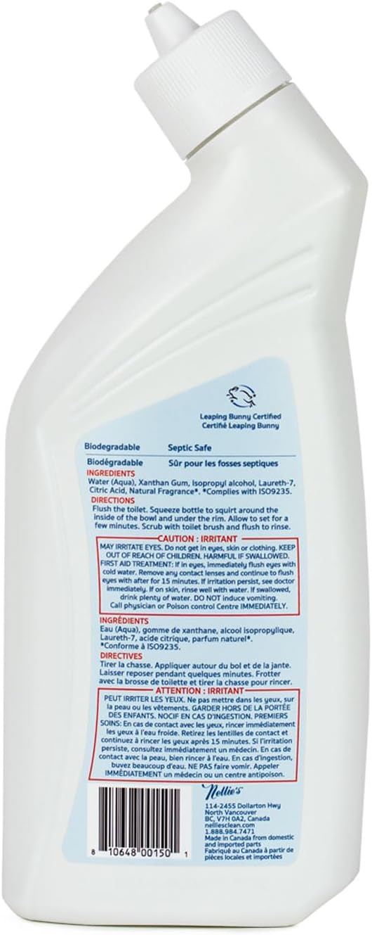 Nellie's Toilet Bowl Cleaner – Gentle Plant-Based Formula – Septic-Safe and Effective Cleaning Solution with Refreshing Lemongrass Scent – Made in Canada