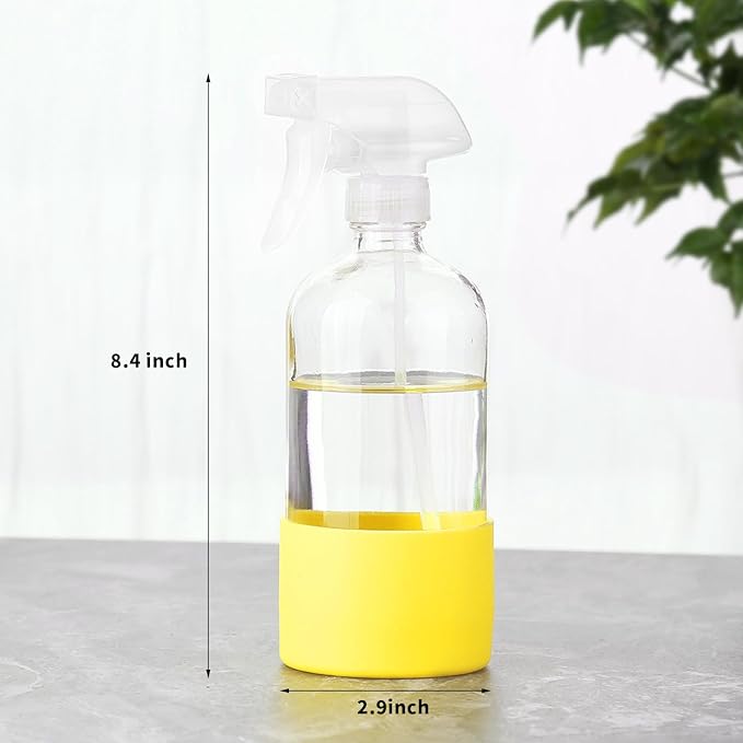 Glass Spray Bottles (2-Pack) with Silicone Sleeve - 16oz Empty Refillable Bottles - Adjustable Nozzle for Hair, Plants, Cleaning & DIY Solutions - Blue & Grey (Grey + yellow)