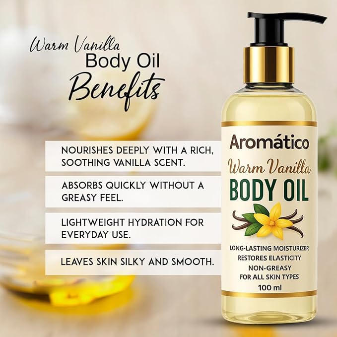 Aromatico Warm Vanilla Mini Body Oil for Women | Moisturizing After Shower Body Oil for Daily Use | Cozy, Creamy Vanilla Scent - 4 fl oz