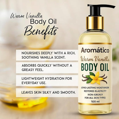 Aromatico Warm Vanilla Mini Body Oil for Women | Moisturizing After Shower Body Oil for Daily Use | Cozy, Creamy Vanilla Scent - 4 fl oz
