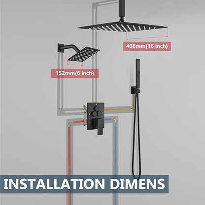 Aolemi Shower Faucet Set Ceiling Mount Shower System Rough-in Valve and Shower Trim Kit 2 in 1 Handheld Spray Push Button Diverter 16 and 6 Inch Dual Shower Head Matte Black
