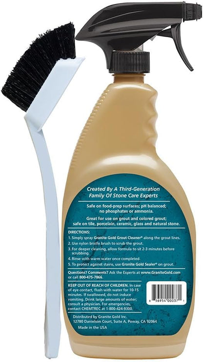 Granite Gold Grout Cleaner Spray with Brush for Stone, Ceramic, Glass & Colored Grout, 24 Ounce
