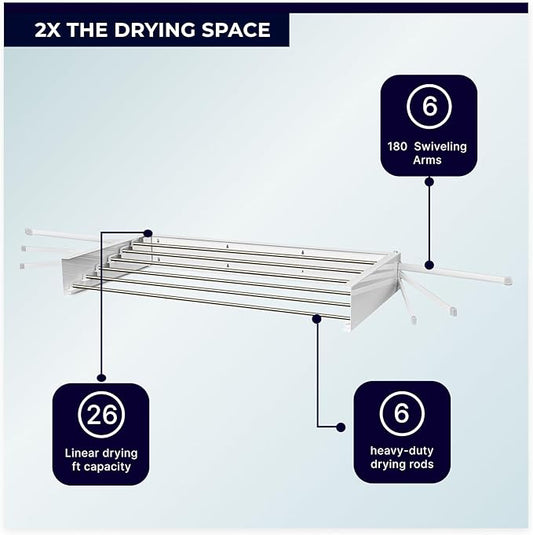 MODERN-X Wall Mounted Clothes Drying Rack Foldable w/ 2 Fold Out Towel Racks Built-in, 35in, 26 Ln. ft of Laundry Rack Space, 6 Collapsible Rods, Fits 2X More Clothes & Holds up to 80lbs, White