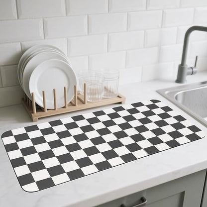 CooRug Checkered Dish Drying Mat for Kitchen Counter, Absorbent Non-Slip Coffee Mat, Heat Resistant Mat for Countertops Coffee Bar Decor 17" x 32" Black