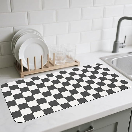 CooRug Checkered Dish Drying Mat for Kitchen Counter, Absorbent Non-Slip Coffee Mat, Heat Resistant Mat for Countertops Coffee Bar Decor 17" x 32" Black
