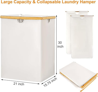 WOWLIVE 165L Double Laundry Hamper with Lid Bamboo Laundry Basket 2 Section,Large Dirty Clothes Hamper with Removable Bags, Laundry Bin Organizer Storage for Dorm,Bedroom,Bathroom,Beige