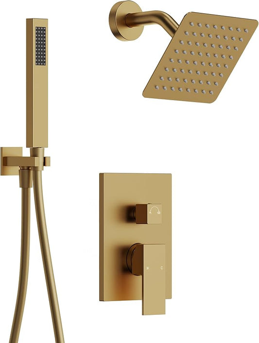 2-Spray Pattern 6 in.Square Shower head with Single Handle Shower Handheld Faucet 2.5 GPM in Brushed Gold
