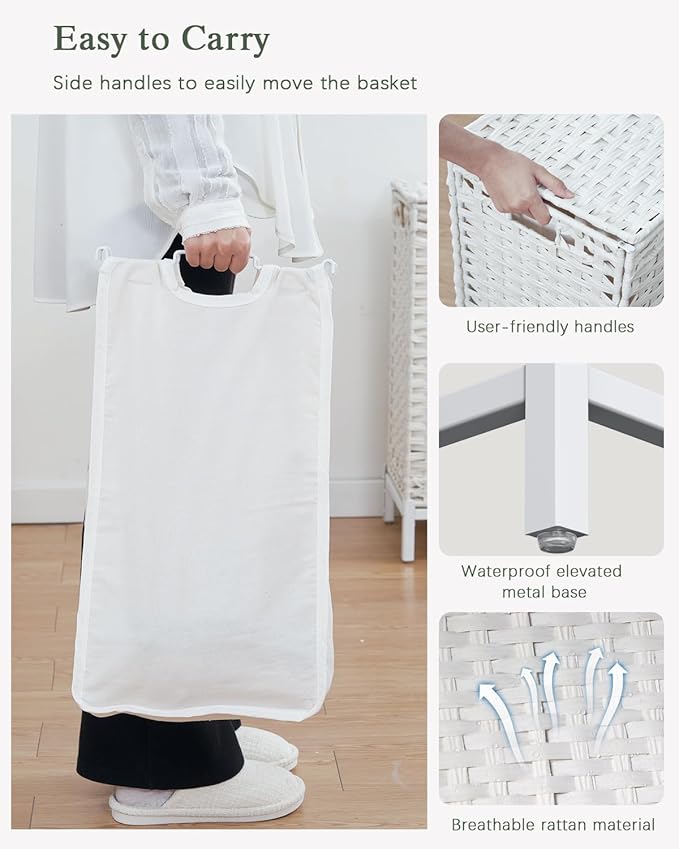 Laundry Hamper with Lid,112 L Handwoven Rattan Wicker Laundry Basket, 2 Removable Liner Bags Metal Heightened Feet,6 Mesh Bags,2 Section Large Clothes Hamper for Bathroom Bedroom, Cloud White