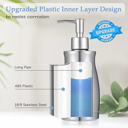 ARKTEK Soap Dispenser Stainless Steel 13.5 Oz - Liquid Hand Lotion Dispenser with Brushed Nickel Pump, Refillable Dishwashing Soap Dispenser Dish Soap for Kitchen, Bathroom, Countertop - Silver
