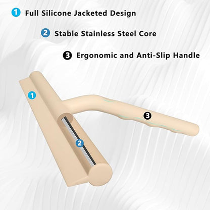 Shower Squeegee for Glass Doors, Full Silicone Jacketed Squeegee with Ergonomic Handle & No-Drill Hook, Cleaning Tool for Windows, Mirrors, Tiles, Bathroom & Car - Beige