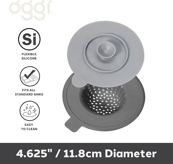 OGGI Silicone Sink Strainer & Stopper Set- Great Kitchen Sink Strainer, Silicone Drain Stopper, Sink Drain Strainer, Sink Plug 4.6˝ Diameter Rim, Gray